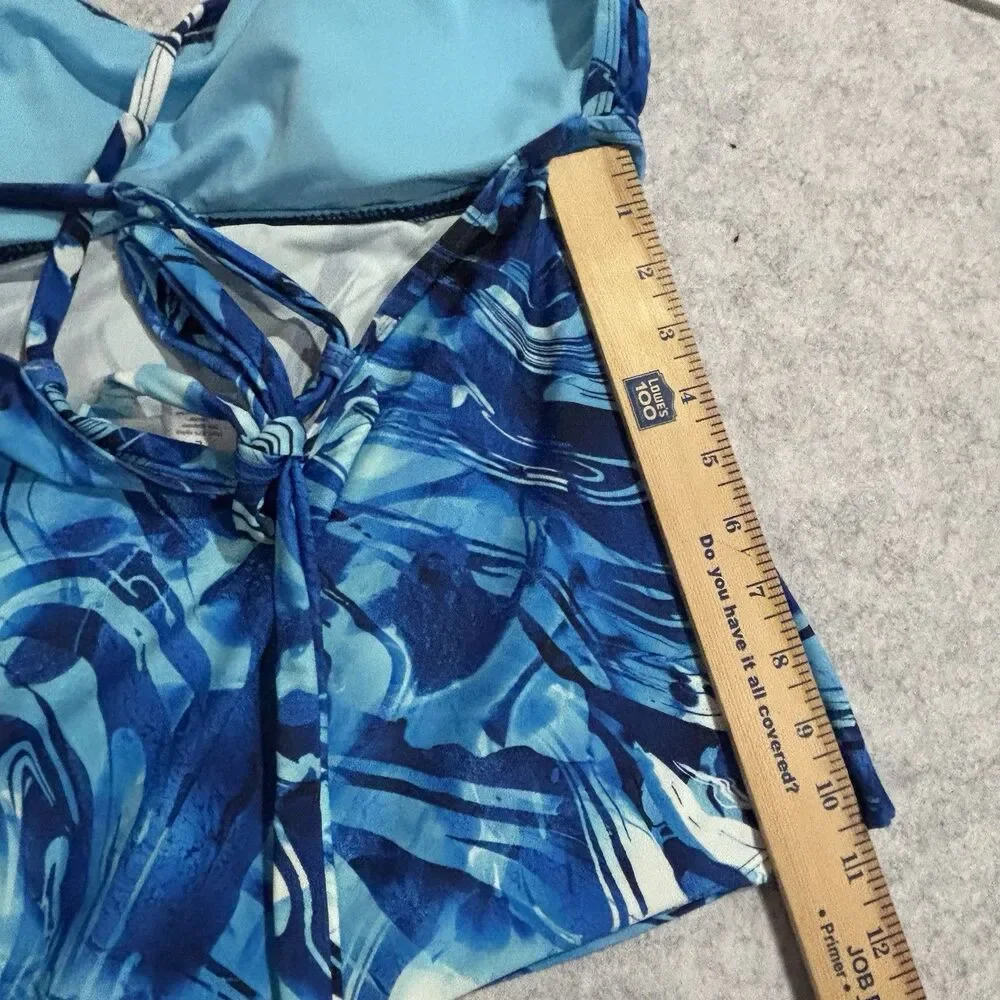 Peyton & Parker Tankini Swim Top Size L Blue Abstract Nautical Tie Back Straps